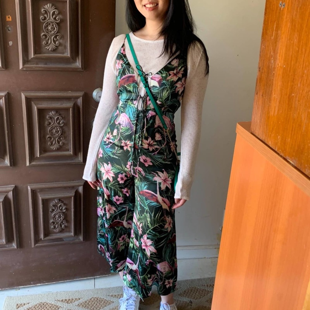ASOS/ Flamingo Pink and Green Tropical Floral Tie Up Strappy Midi Jumpsuit